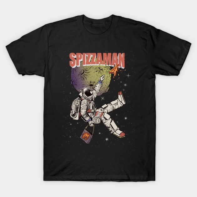 SPIZZAMAN - Astronaut Chasing Pizza T-Shirt by HelloDisco